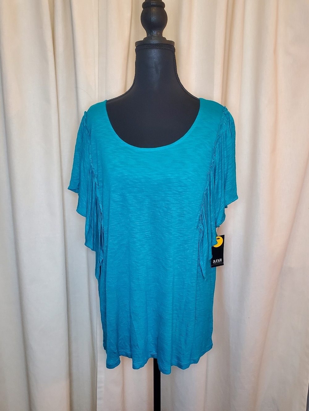a.n.a Teal Short Sleeve Scoop Neck Top with Side Fringe Detail